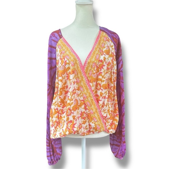 Free People Cruisin Together Mixed Print Puff Sleeve Surplice Top | Large - Picture 3 of 15